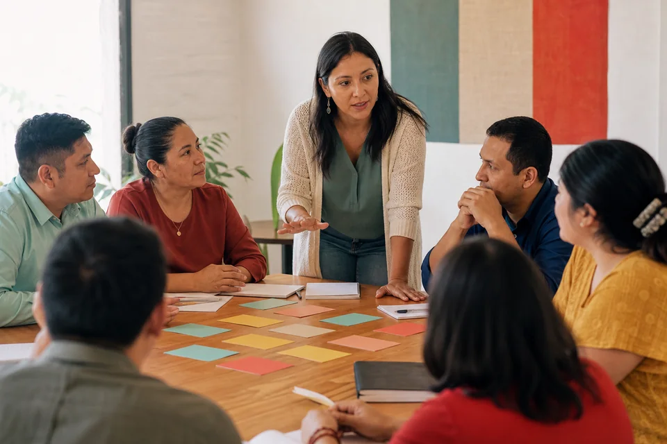 Facilitadora guiando una experiencia de aprendizaje participativa
