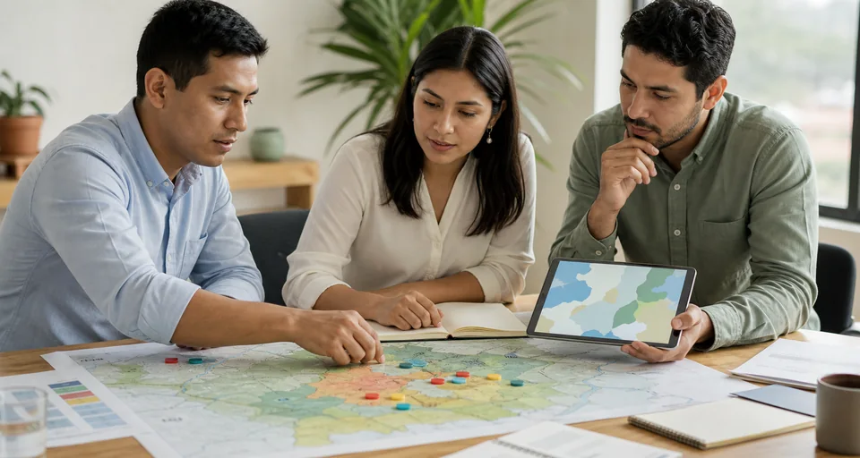 Profesionales evaluando amenazas sobre un mapa regional
