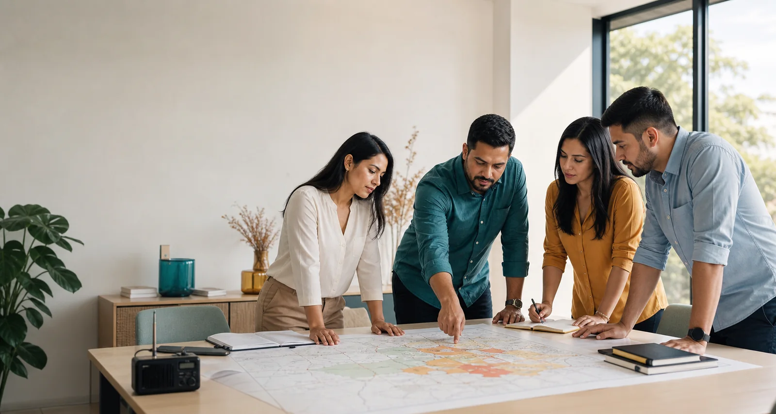 Equipo de profesionales analizando un mapa de riesgos para planificar acciones de preparación